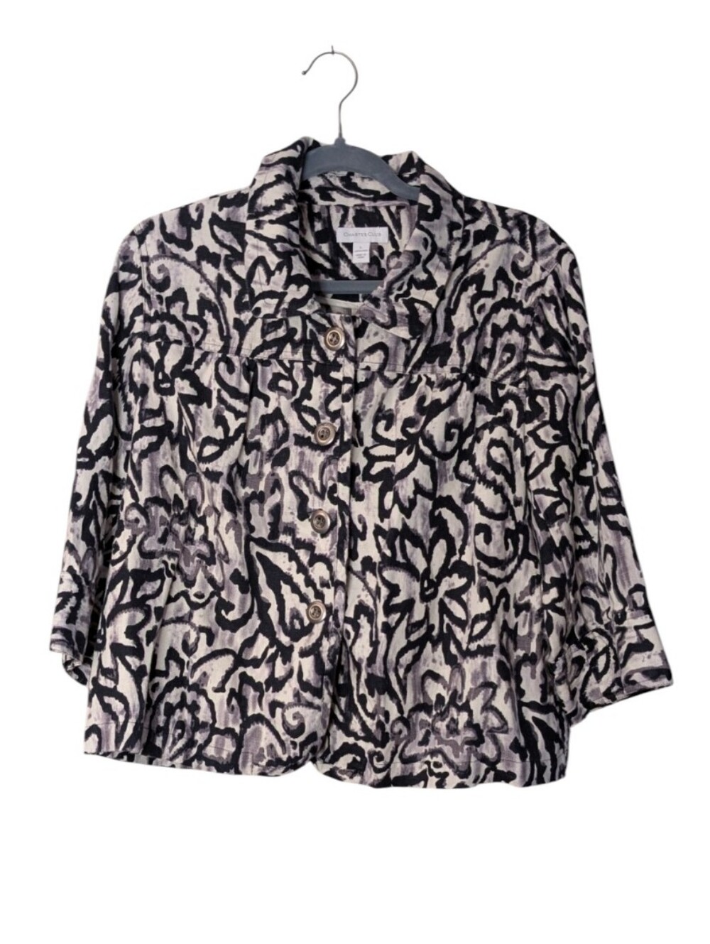 Charter Club Linen abstract Floral Pattern Button Front Crop Blazer Jacket Large